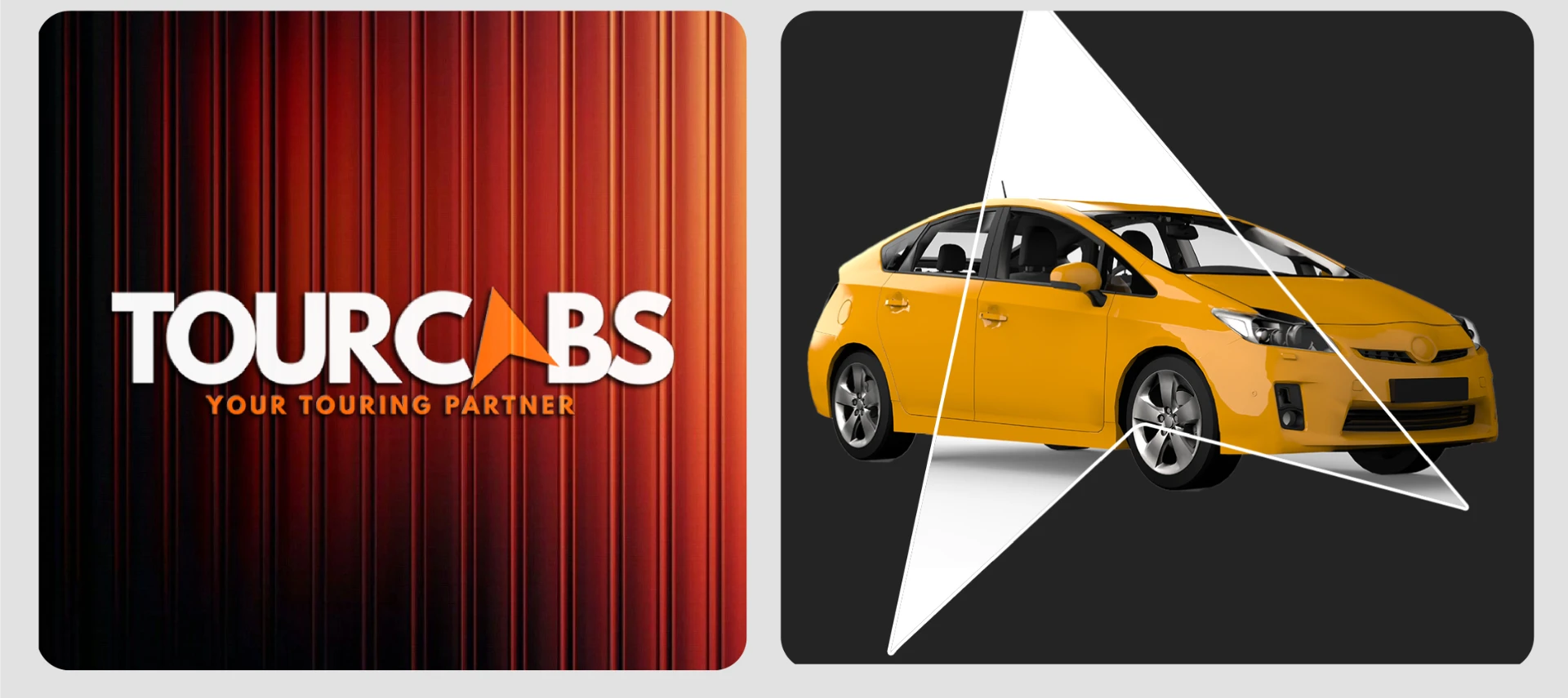 Tourcabs logo on red backdrop and arrow motif over taxi