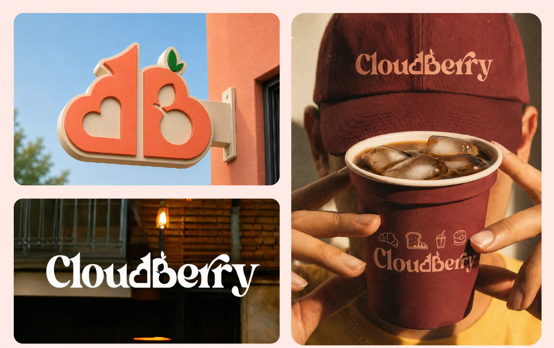 Cloudberry Bakers signage, wordmark and branded coffee cup