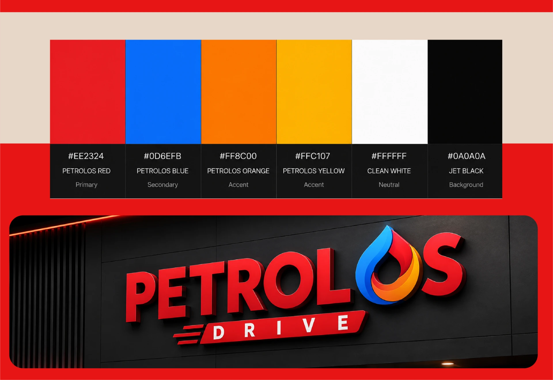 Petrolos colour palette and dimensional Drive signage